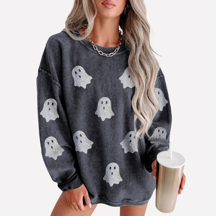 Back view of women's oversized crewneck sweatshirt, emphasizing relaxed fit, comfy wear and casual style.