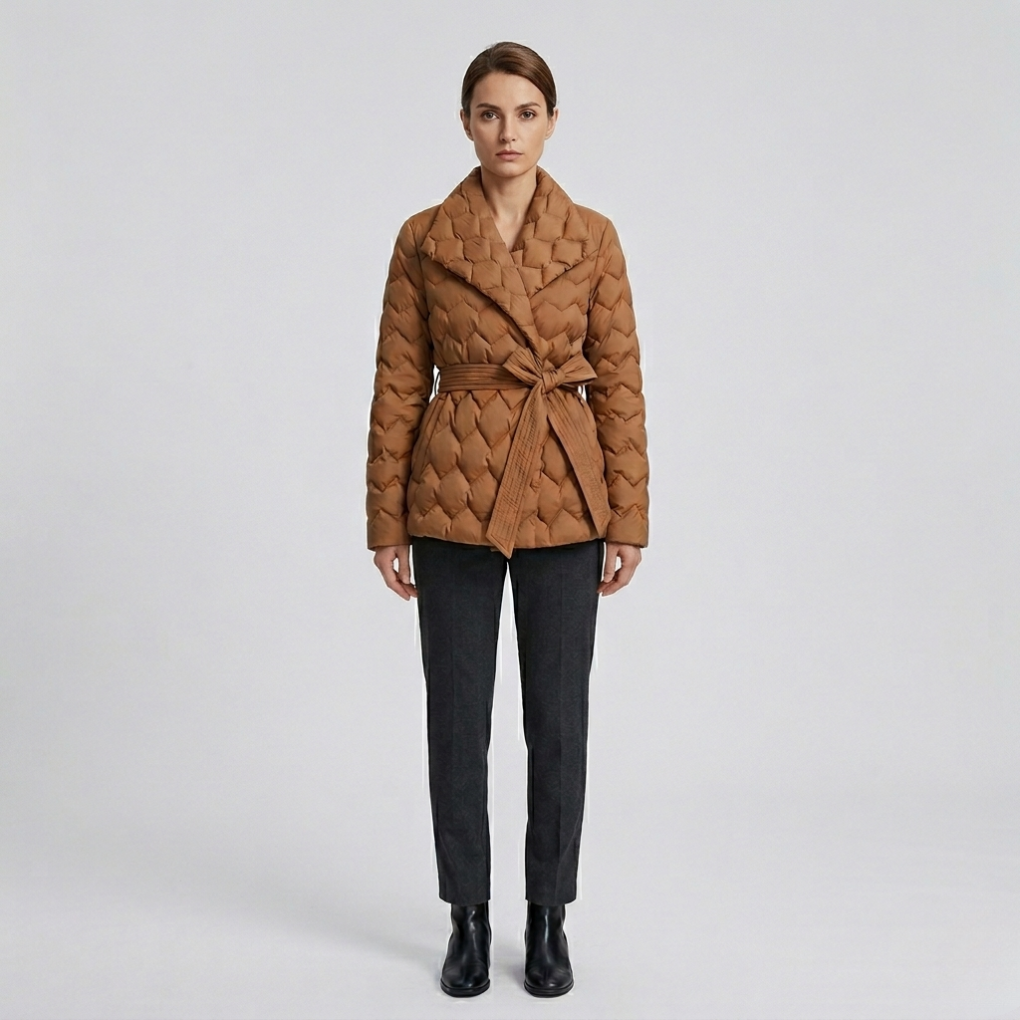 Elegant women's belted down coat for winter warmth. Long, quilted design perfect for cold weather fashion.