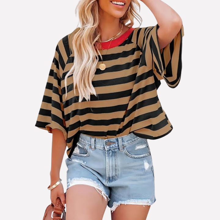 Modern women's striped color block top, crewneck, perfect for spring & summer casual fashion.