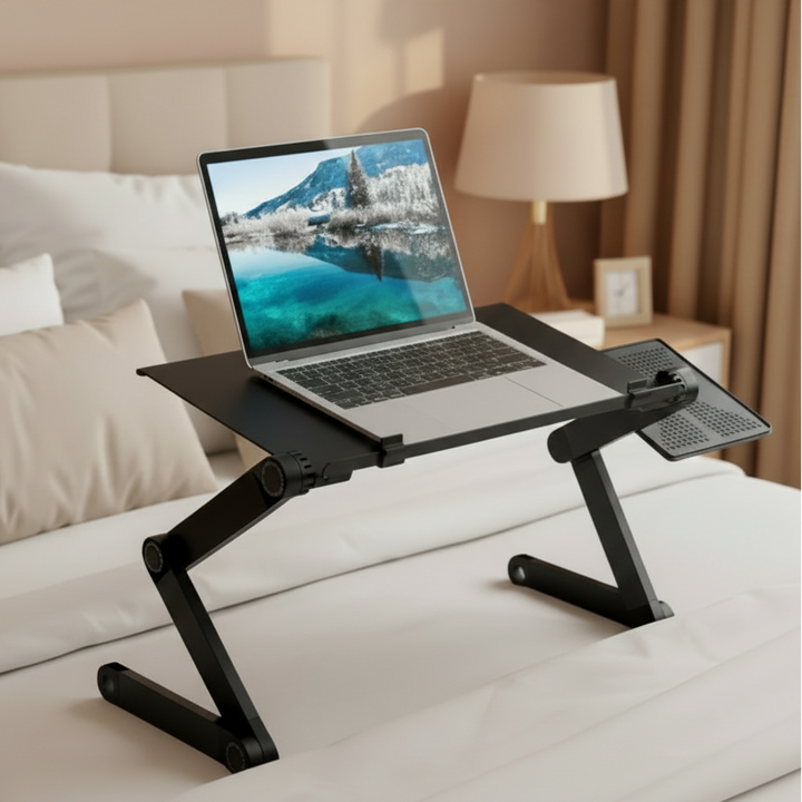 Adjustable ergonomic laptop stand for improved posture & comfort in home office; portable vented design.