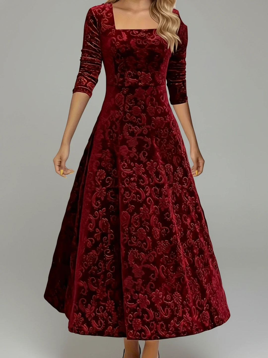 Elegant women's floral A-line midi dress with long sleeves & square neck. Perfect for fall/winter parties & versatile occasions.