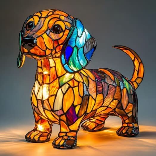 USB LED stained glass dog lamp. Whimsical pet decor, a lovely night light.