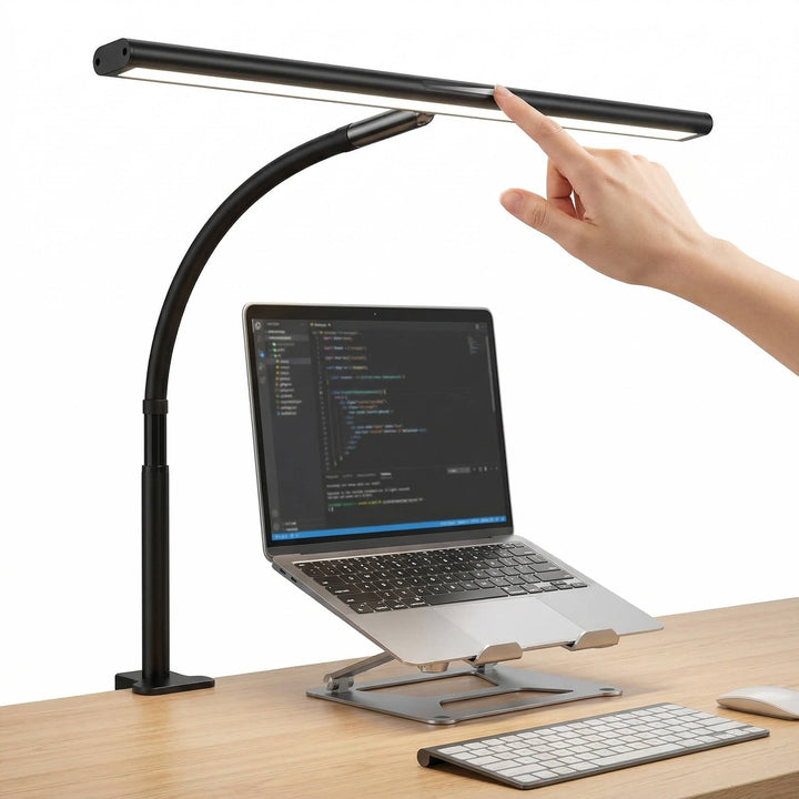 Modern clamp-on gooseneck desk lamp with LED, stepless dimming, and adjustable color for office tasks.