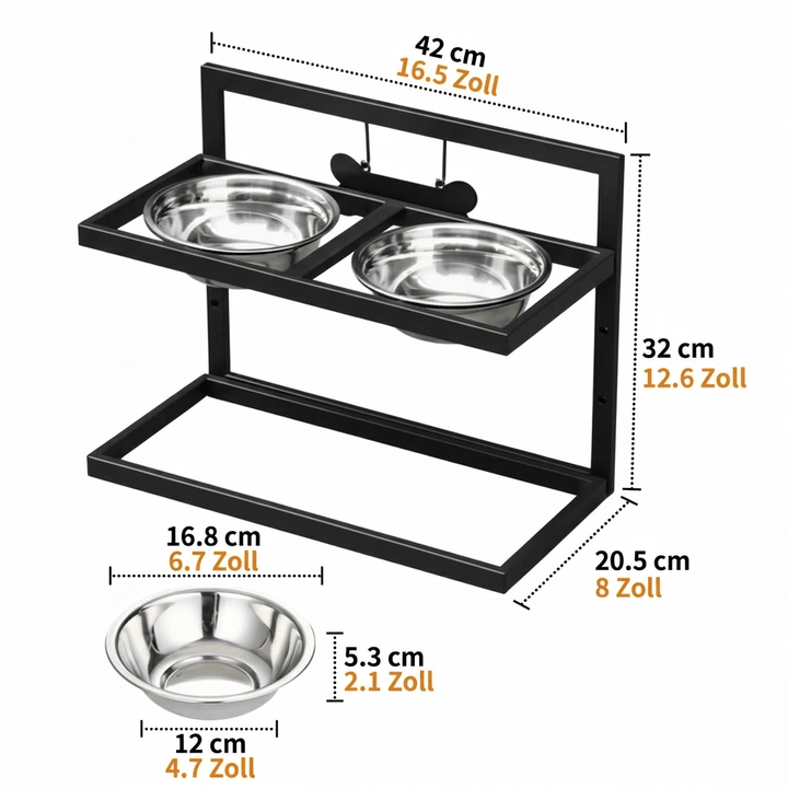 Stylish elevated pet feeding station; includes two removable stainless steel bowls for improved dog care.