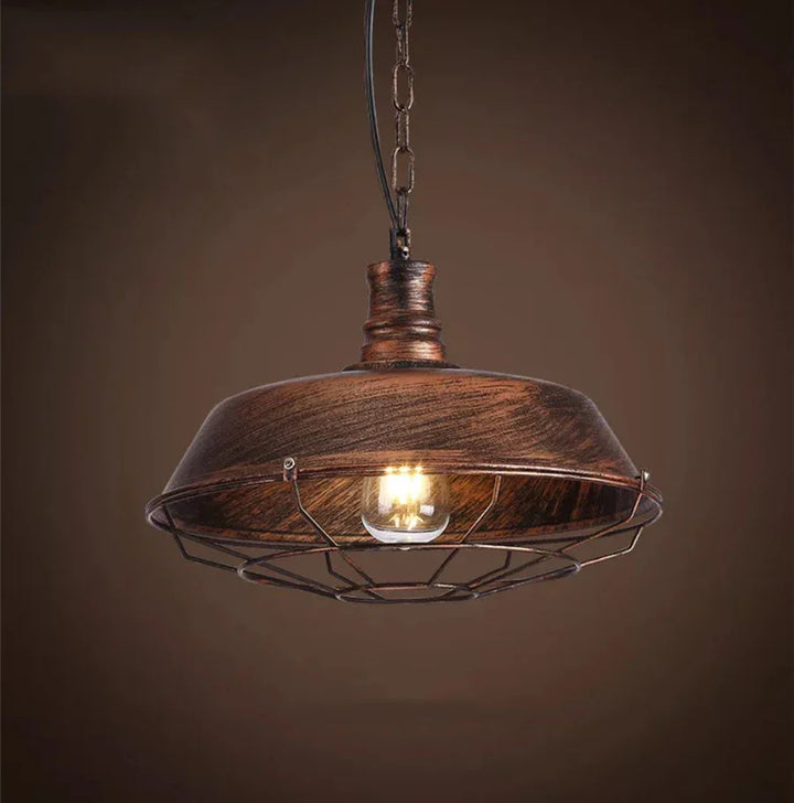 Stylish farmhouse pendant light, rustic iron fixture, ideal for ambient illumination.