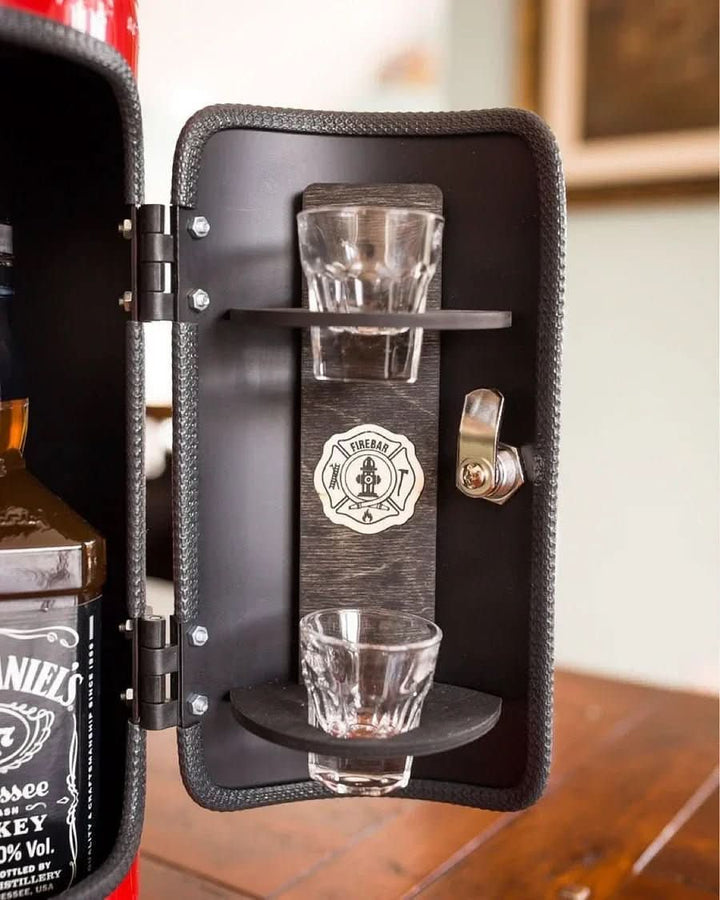 Surprise fire extinguisher hidden mini bar. Functional secret compartment for spirits, blending seamlessly as decor.