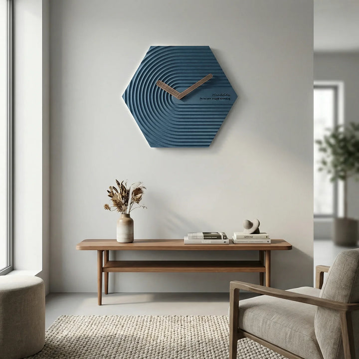 Modern hexagonal silent wall clock, perfect for contemporary living room decor or office.