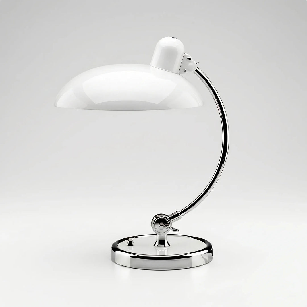 Versatile adjustable arm dome lamp, a mid-century inspired metal task light for desks and reading.