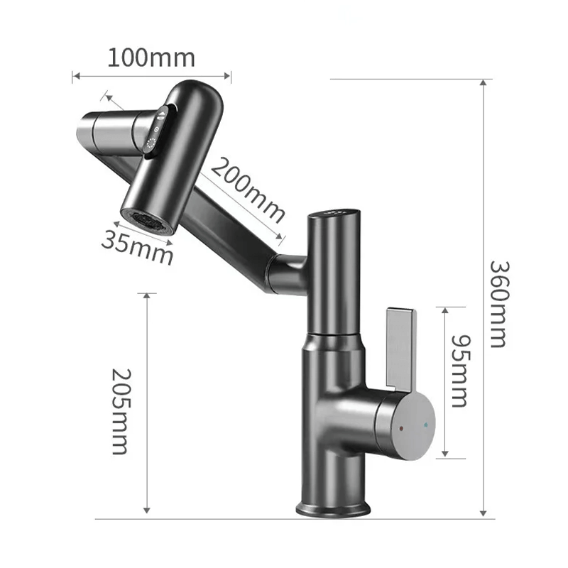 Contemporary 360° swivel smart faucet with LED temperature display, enhancing any kitchen or bathroom.