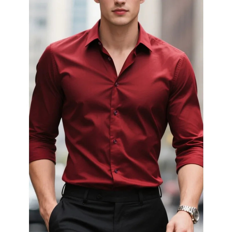 Modern men's button-down long sleeve shirt, slim fit design for versatile business & smart casual fashion.