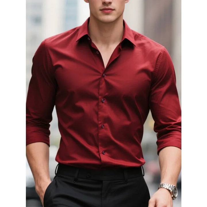 Modern men's button-down long sleeve shirt, slim fit design for versatile business & smart casual fashion.