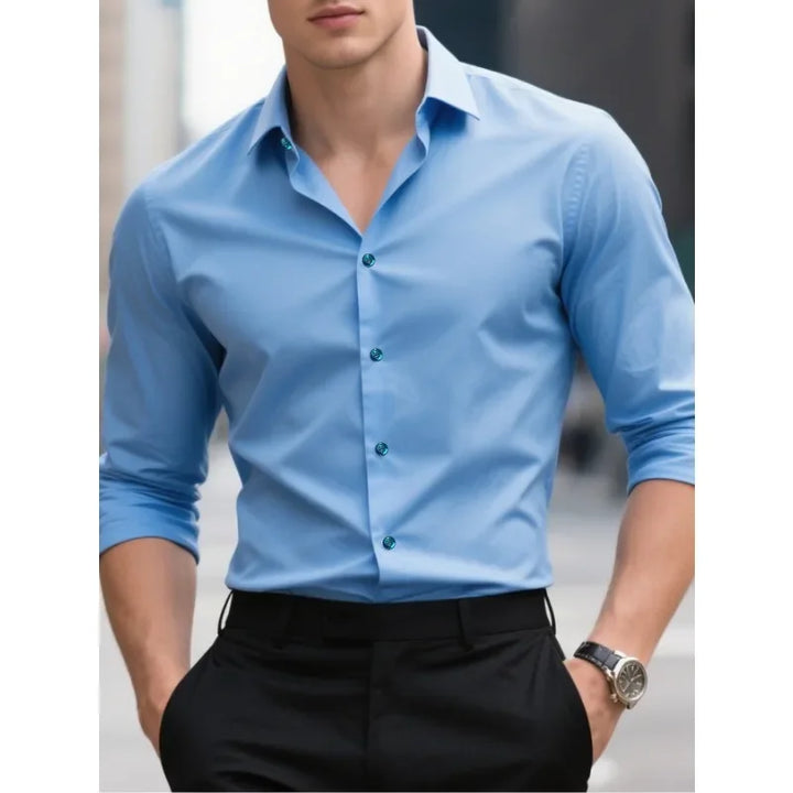 Classic men's slim fit long sleeve dress shirt, essential for a polished formal look or tailored style.