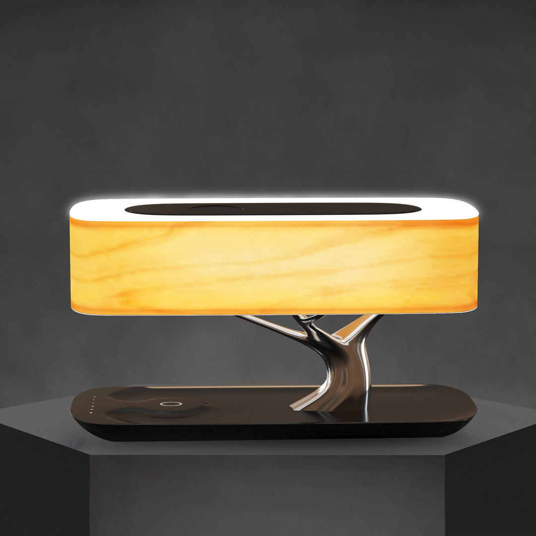 Versatile modern LED table lamp with wireless charging and Bluetooth speaker, ideal for any room.