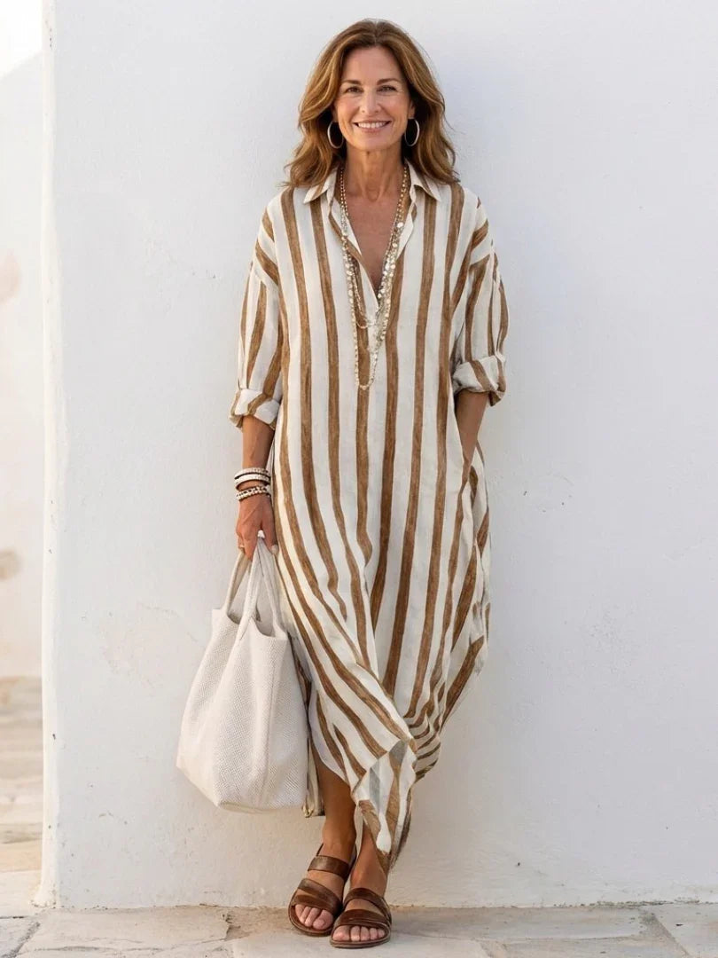 Chic women's striped midi shirt dress with long sleeves. Great for office, errands, or a stylish casual look.