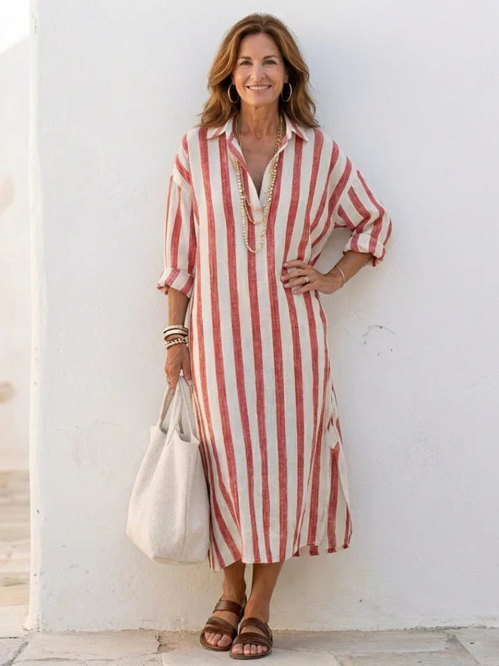 Comfortable women's long-sleeve striped midi dress, a stylish shirt dress for effortless everyday wear.
