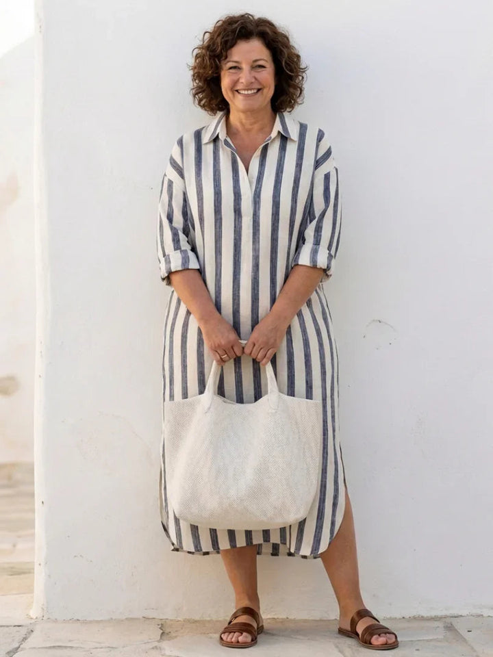 Versatile women's striped midi shirt dress, ideal for office style, casual outings, and modern fashion.