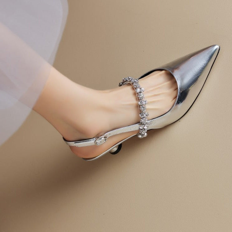 Women's crystal strap slingback heels, pointed toe pumps for formal events & evening wear.