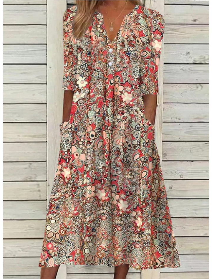 Women's bohemian floral print midi dress with relaxed fit, V-neck, and half sleeves, perfect for summer casual wear.