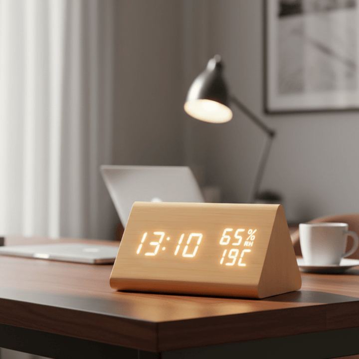 Modern digital wooden clock with LED display, temperature, and minimalist design, perfect for home decor or desktop.