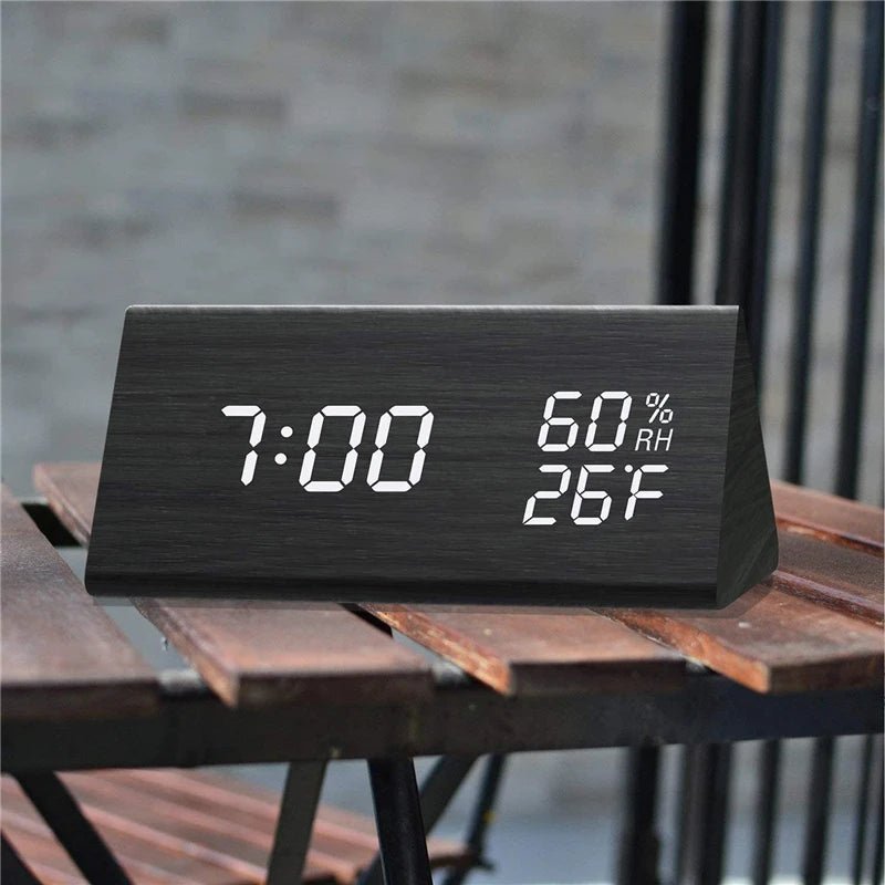 Contemporary wooden digital LED clock, battery operated, showing time & temperature, a stylish piece of modern home decor.