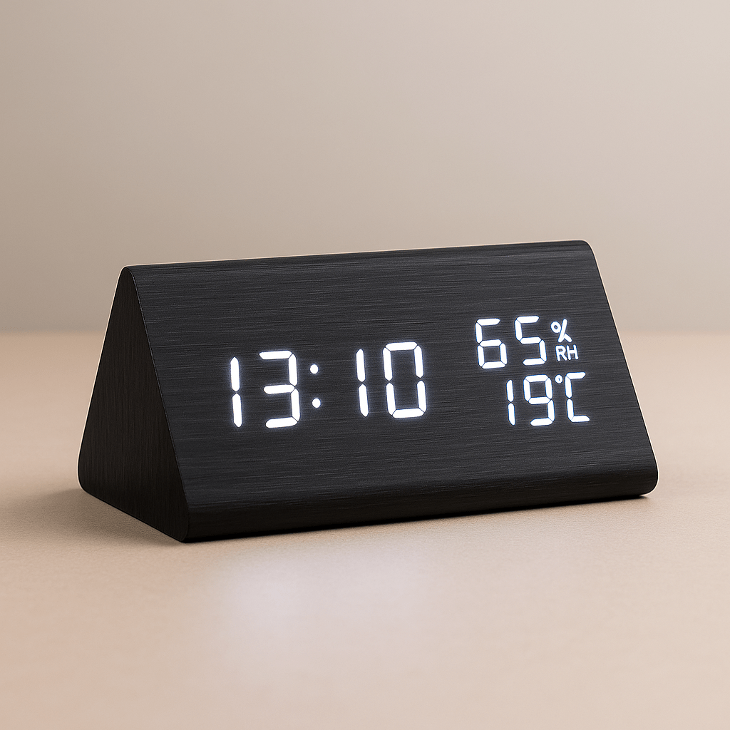Minimalist modern digital clock, wooden, with LED time & temperature, light control, enhancing any contemporary home.