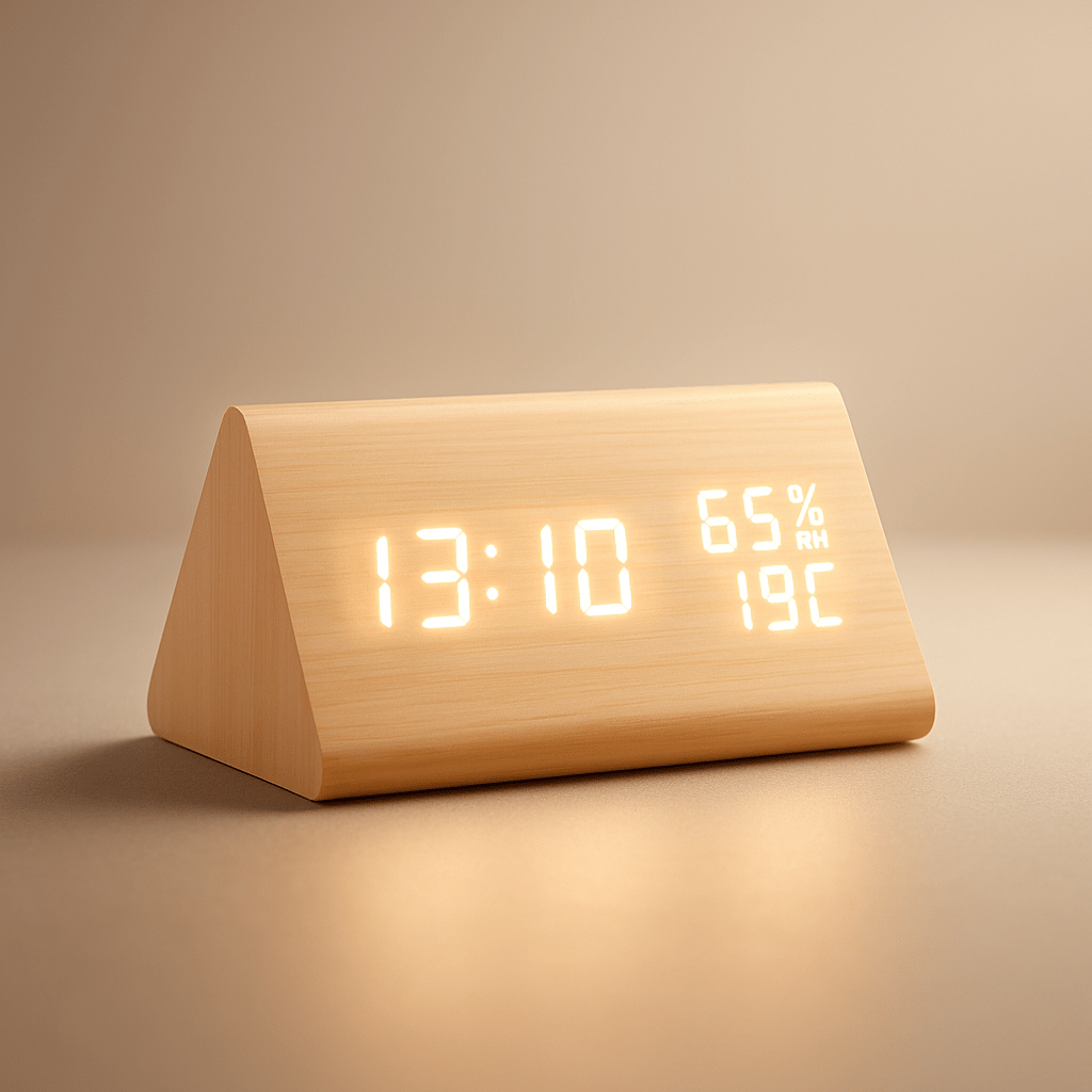 Elegant wooden LED digital clock, battery or USB powered, featuring temperature display and a modern minimalist aesthetic.