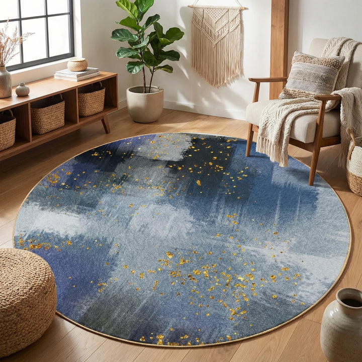 Abstract Boho Round Flowique Area Rug with Blue & Gold Wave pattern, stylish decor for living room or bedroom.