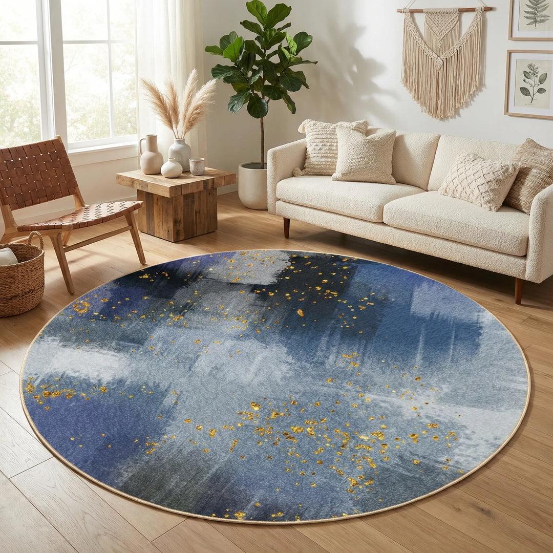 Stylish abstract boho round area rug by Flowique. Features blue & gold wave pattern, ideal for modern home decor.