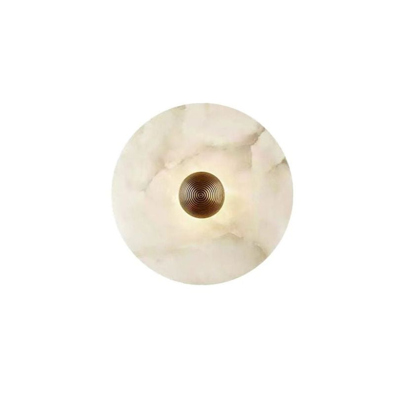 Sleek round brass LED wall light, an alabaster flush mount sconce enhancing any modern luxury interior.
