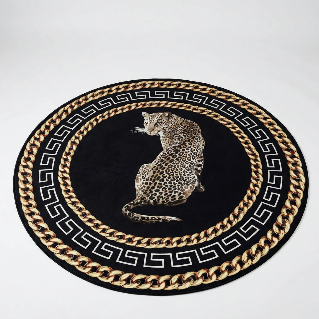 Unique round leopard print area rug with Flowique waves. Washable & slip-resistant, perfect for modern living rooms.