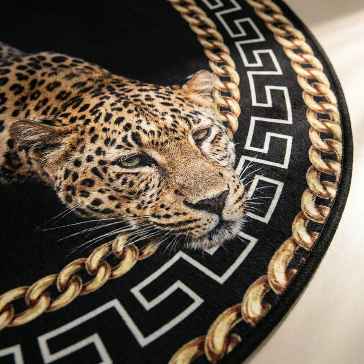 Statement round leopard print area rug. Flowique design enhances living room & bedroom floor decor. Washable & durable.