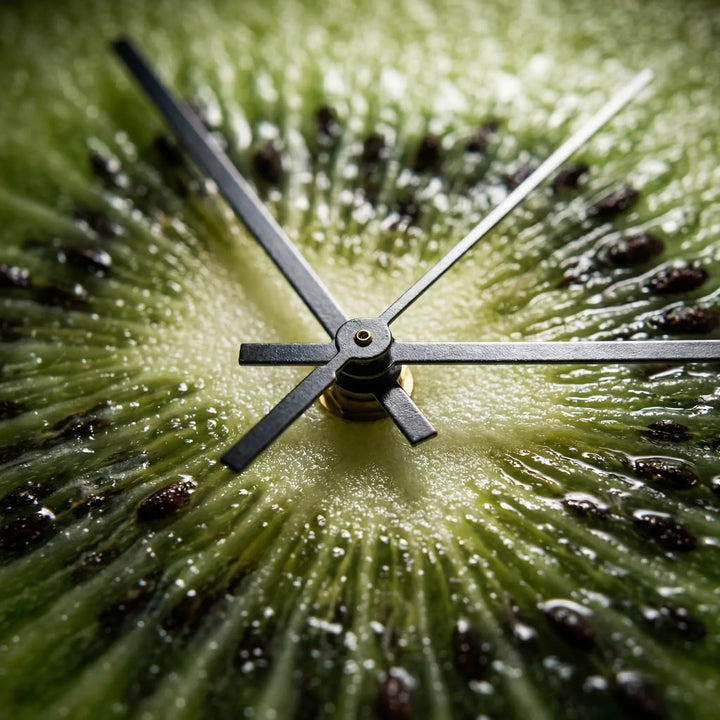 Bright fruit print wall clock, a round and silent timepiece adding a colorful touch to any kitchen decor.
