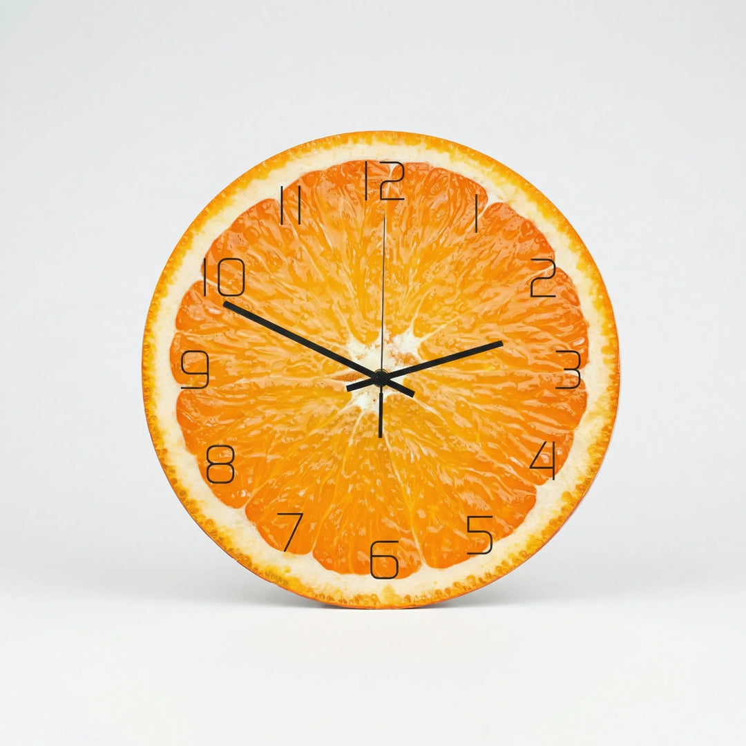 Silent round fruit design wall clock, a cheerful and colorful addition for modern kitchen or home decor.