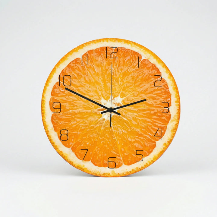 Silent round fruit design wall clock, a cheerful and colorful addition for modern kitchen or home decor.