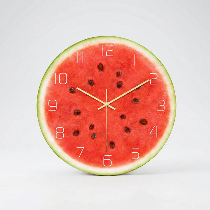 Unisex colorful round fruit wall clock, a playful and silent decor piece for kitchens and kids' spaces.
