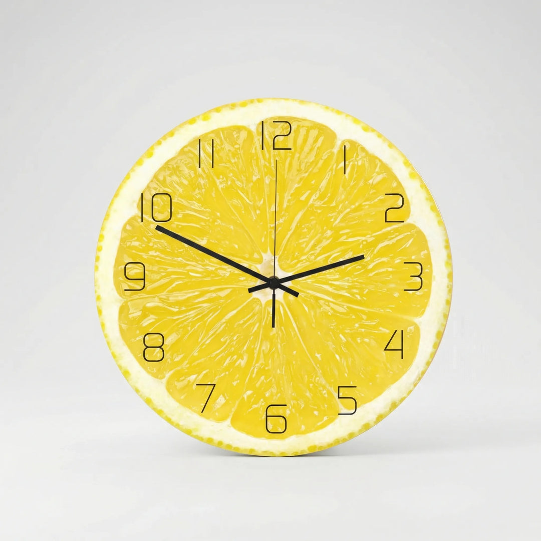 Round kiwi fruit wall clock, a silent and colorful home decor item suitable for kitchen or children's room.
