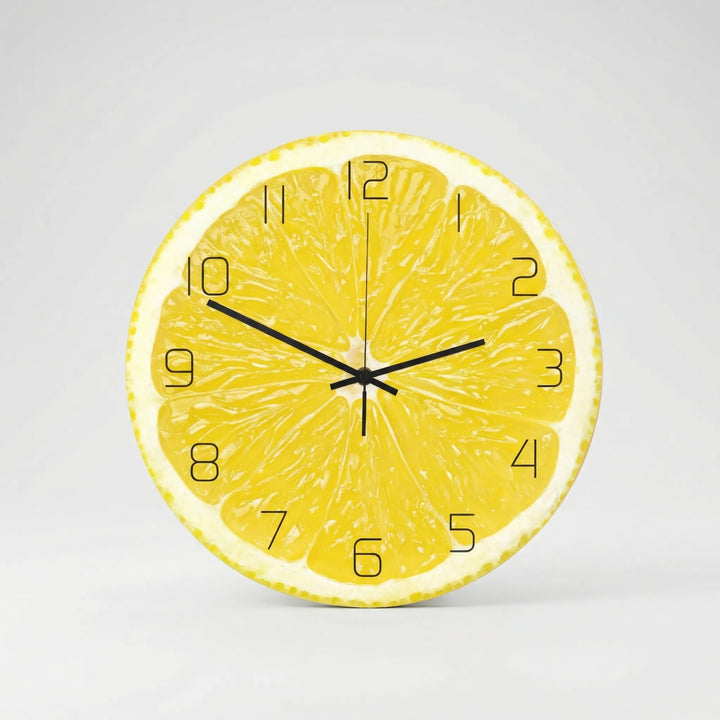 Round kiwi fruit wall clock, a silent and colorful home decor item suitable for kitchen or children's room.