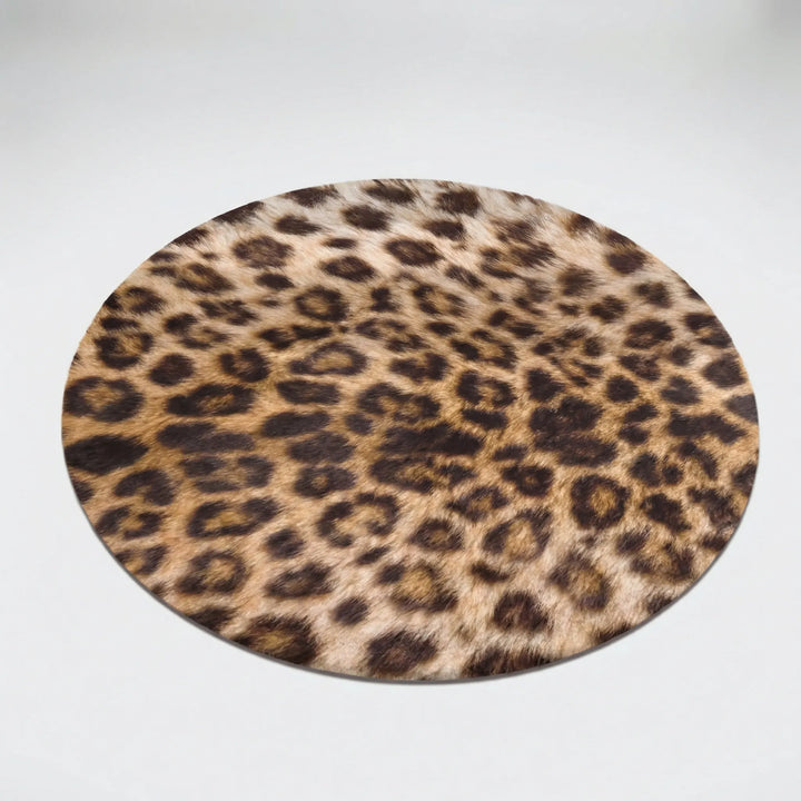 Non-slip round leopard print area rug. Flowique wave pattern enhances modern living room & bedroom spaces.