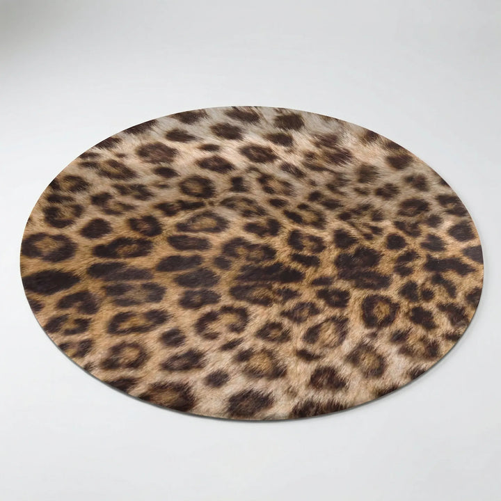 Luxurious round leopard print area rug. Soft, durable accent rug for living rooms, bedrooms & entryways.
