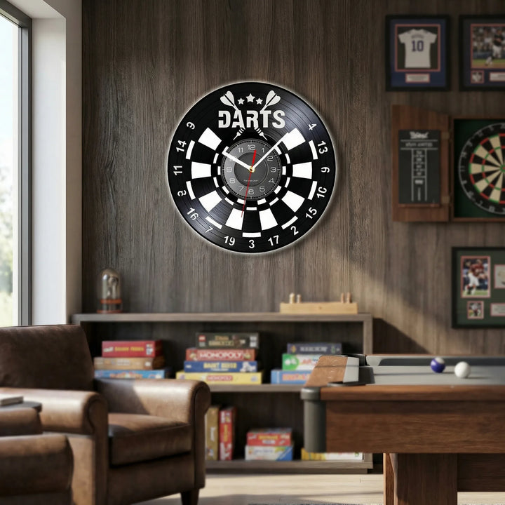Dartboard style wall clock for game room, a silent and unique round clock, perfect sports decor for home accents.