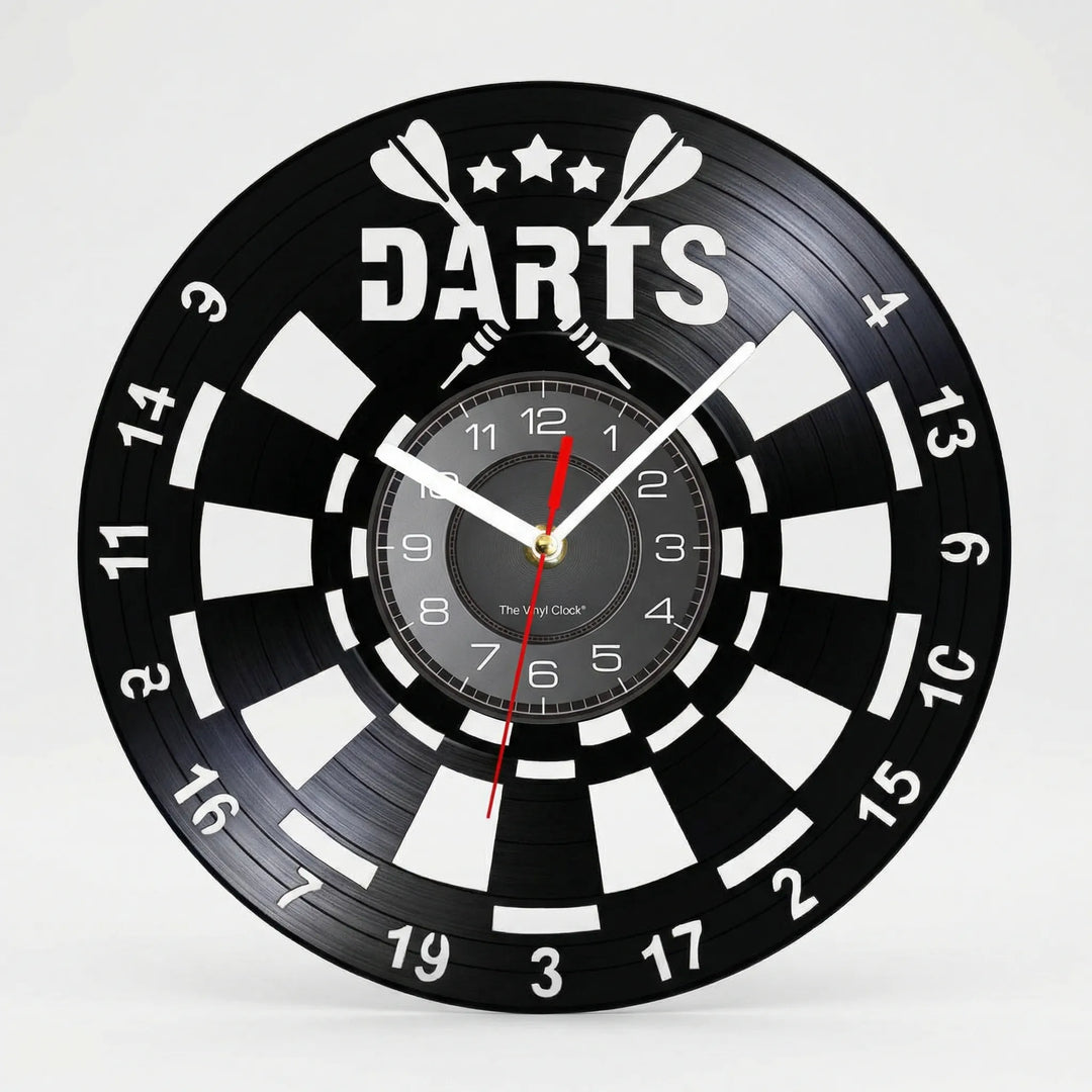 Unique dartboard wall clock with classic design, silent movement, ideal for game room decor and sports enthusiasts.