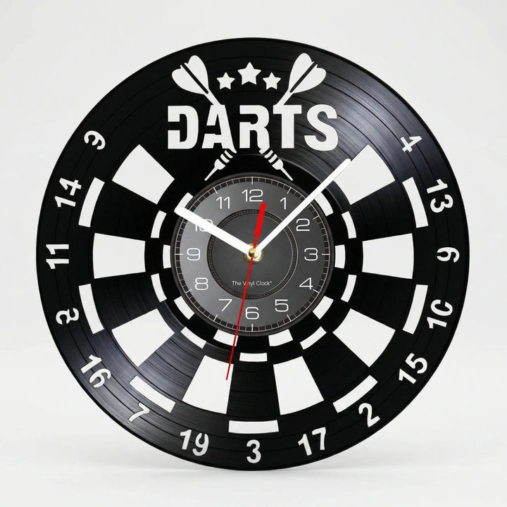 Unique dartboard wall clock with classic design, silent movement, ideal for game room decor and sports enthusiasts.