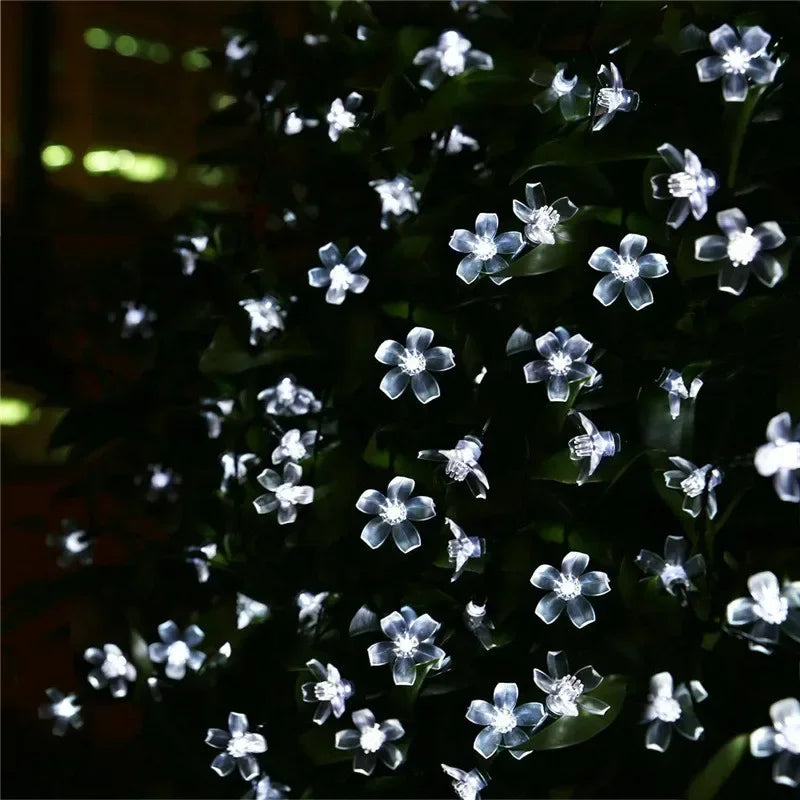 Outdoor 16.4 ft solar-powered blossom lights, creating a warm glow for garden & patio evenings.