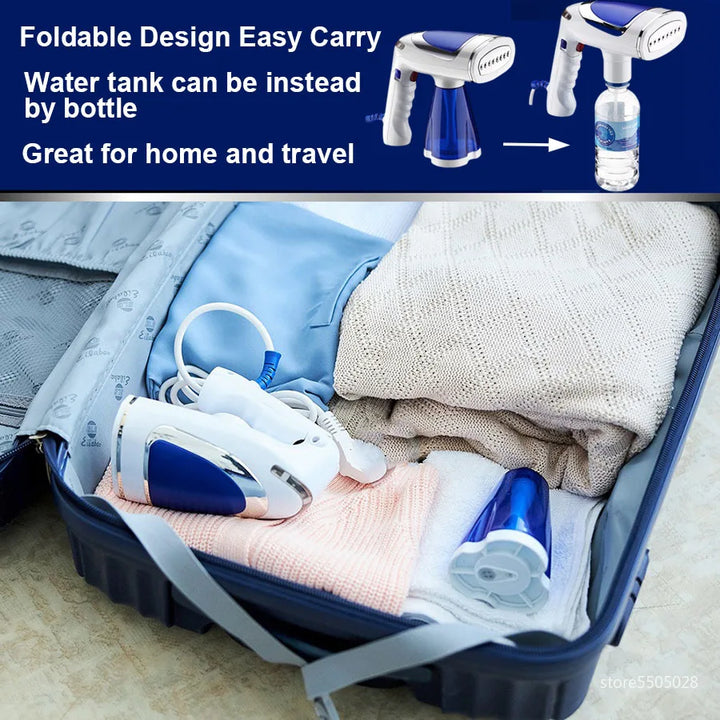 Compact 1600W travel garment steamer. Dual voltage handheld wrinkle remover for quick, easy fabric care anywhere.