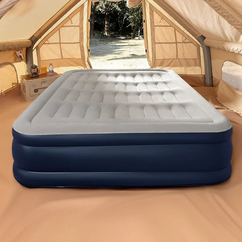 Portable travel bed: Inflatable sleeping pad with integrated pump for easy setup on camping trips.