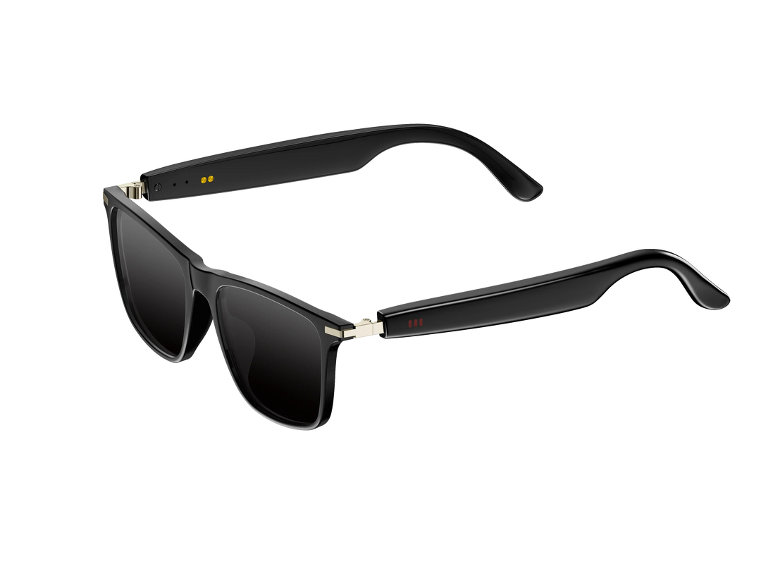 Men's smart wireless audio sunglasses with integrated speakers, blue light & polarized lenses for clear vision & sound.