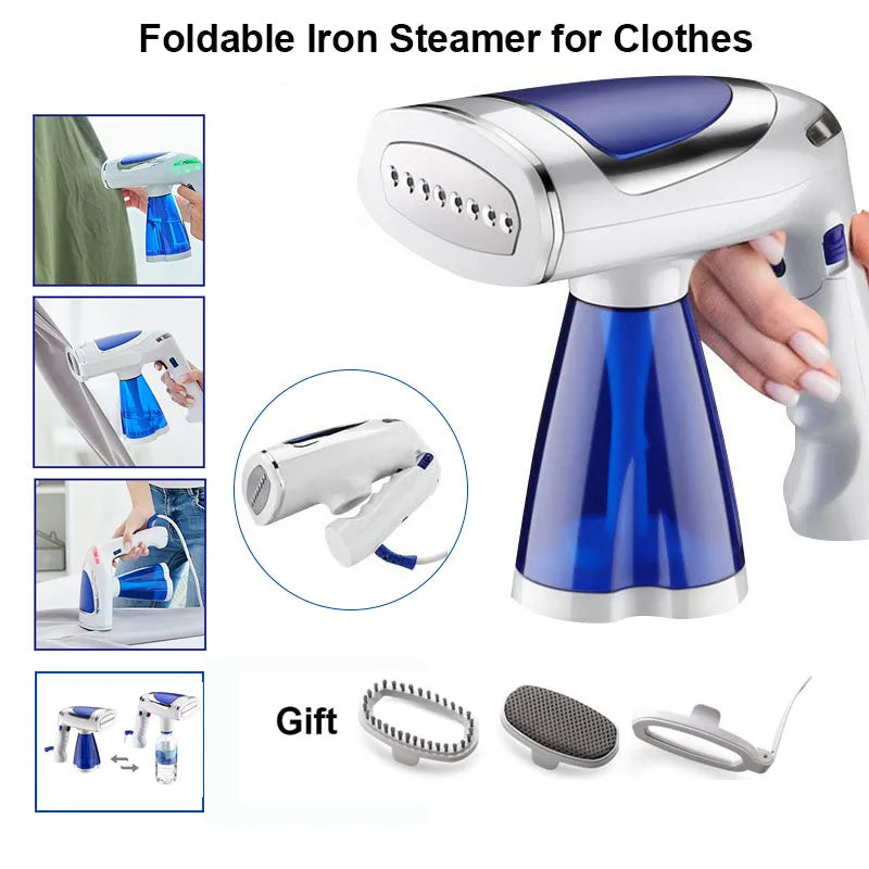 Foldable, dual voltage 1600W portable garment steamer. Handheld for wrinkle removal & quick fabric care on travel.