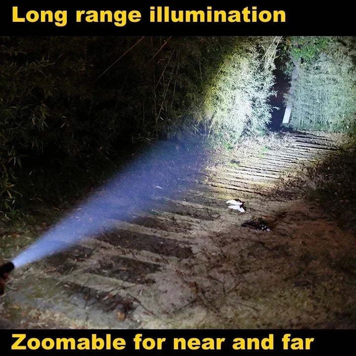 Unisex heavy-duty LED flashlight, telescopic & adjustable focus for outdoor adventures & emergencies.