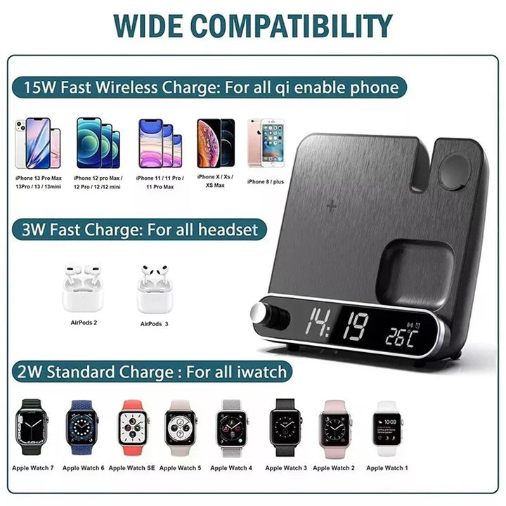 Versatile multi-device charging station & alarm clock. Keeps bedside organized while powering devices quickly.