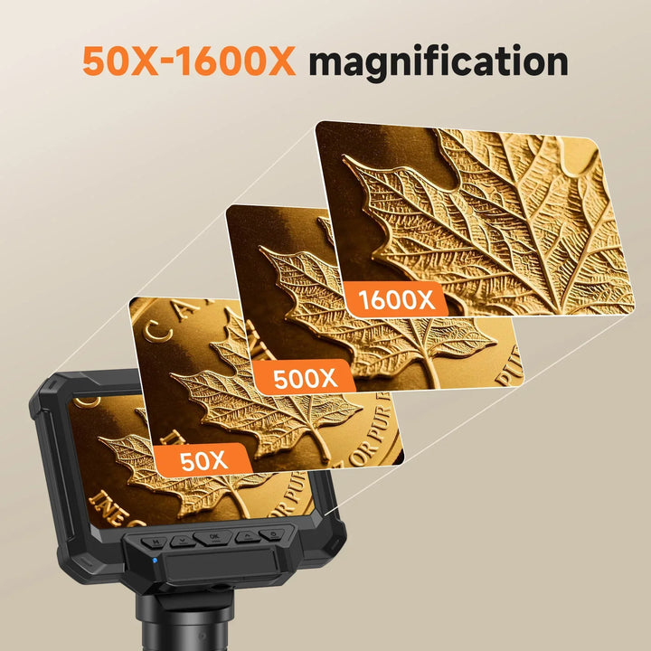 HD camera digital microscope, 1600X zoom, 4.3" display, & adjustable LED lighting for clear viewing.